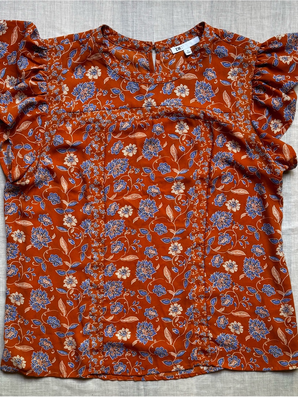 DR2 Rust Floral Ruffle Sleeve Blouse with Blue and Cream Accents